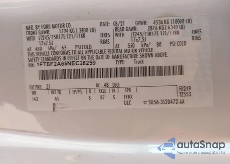 2022 Ford F-250 Xl из США, поврежденный, VIN 1FTBF2A66NEC28259